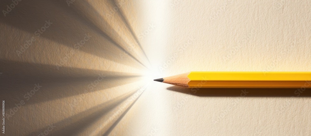 Poster A top view close up photo of a wooden pencil placed in the center of textured white paper with a square yellow line creating a template with abundant copy space The pencil casts a smooth shadow under