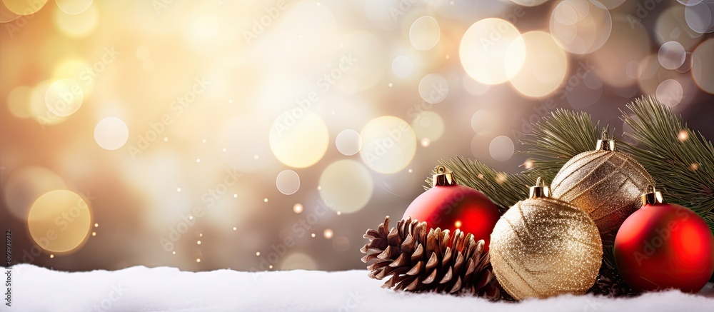 Aufkleber christmas tree twigs cones balls and bokeh create a festive holiday background with an appealing cop