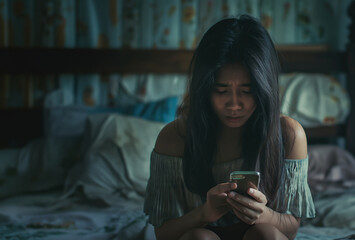 Teenage sad Asian girl crying while holding her smartphone in bedroom with copy space