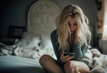 Sad blonde woman crying while holding her phone while sitting in bed with copy space