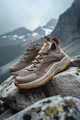 Outdoor sneakers placed on rocks in the mountains