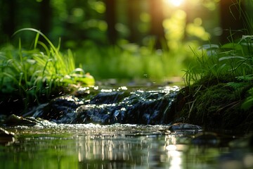 Fototapeta premium Sunlight filtering through trees small forest waterfall stream shimmering effect