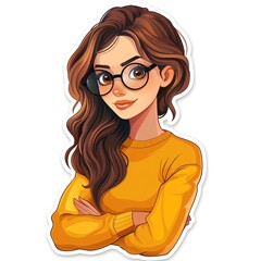 Obraz premium Create a vector illustration of a young woman with long brown hair, brown eyes, and glasses
