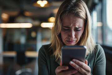 Businesswoman in office sad and crying while looking at her smartphone