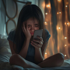 Teenage sad Asian girl crying while holding her phone in bedroom with copy space