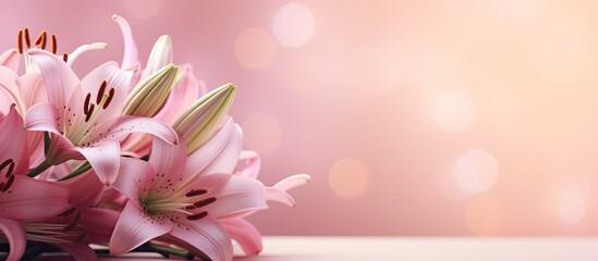 Pink blurred background highlights a beautiful arrangement of lilies creating a natural bouquet There is enough space for text in the image. Creative banner. Copyspace image