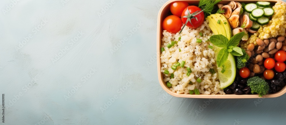 Poster top view of a nutritious vegan lunch box emphasizing the clean diet eating concept the image showcas