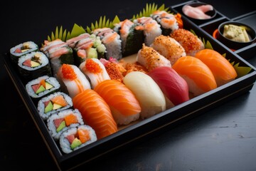 Sushi roll set plate. Sauce soy sauce. Generate Ai