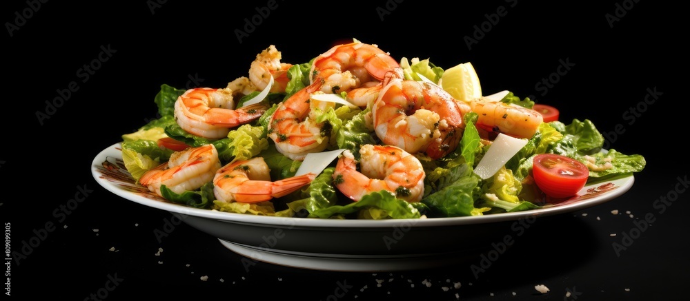 Poster A plate of Caesar salad with shrimp and a healthy diet option for weight loss with room for adding text. Creative banner. Copyspace image