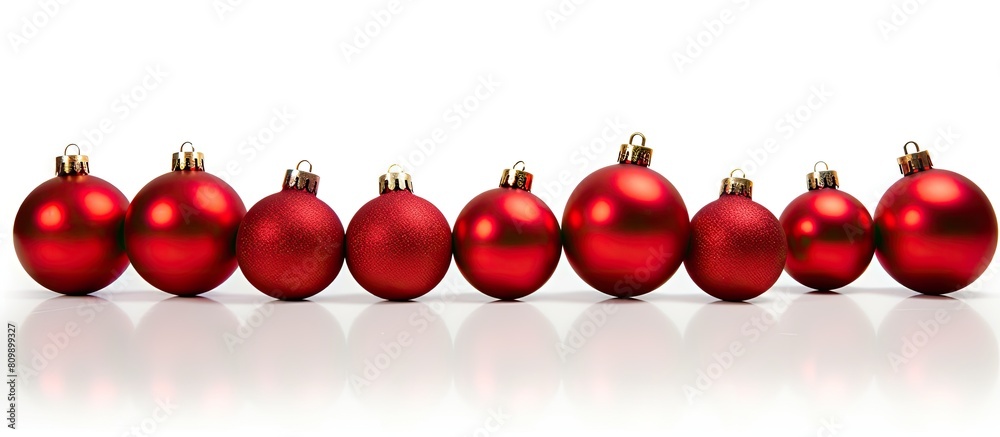 Aufkleber an arrangement of individual red christmas balls on a white background with ample space for a copy s