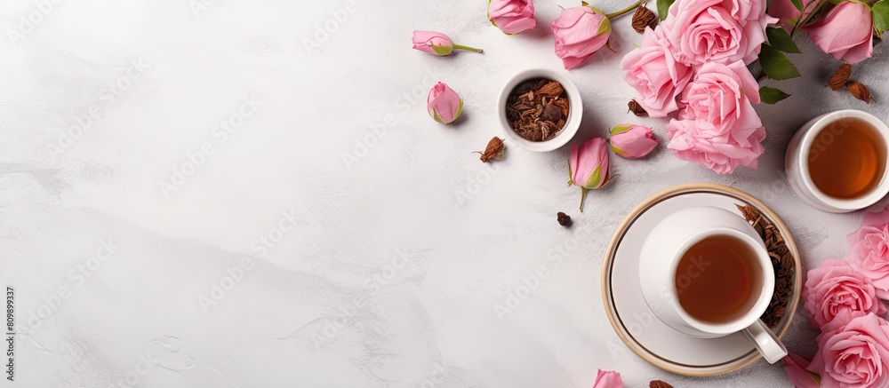 Poster a top down view of rose tea along with cups and a teapot is showcased on a light gray background the