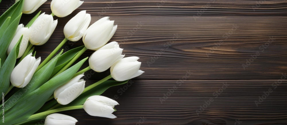 Poster Spring themed white tulips displayed on a dark wooden background creating an eye catching and visually appealing copy space image