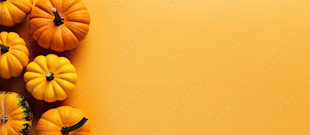 Poster top view of pumpkins on a yellow background creating a festive autumn atmosphere this flat lay image