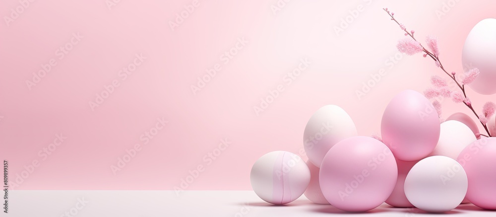 Poster easter banner with pastel pink background adorned with colored easter eggs copy space image