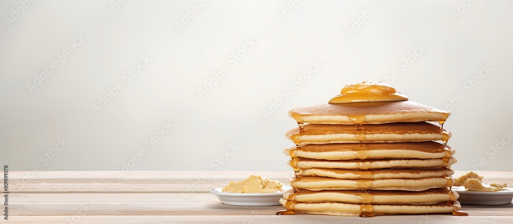 Poster Top view of a stack of pancakes displayed on a white wooden table creating a visually appealing copy space image