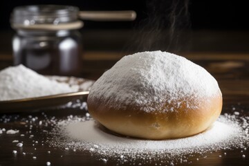 Sufganiyot powdered sugar. Traditional jelly sweet festive sugar. Generate Ai