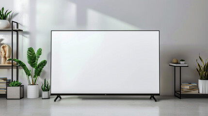 Front view of a white TV screen mockup in a studio environment with a neutral studio-type background.