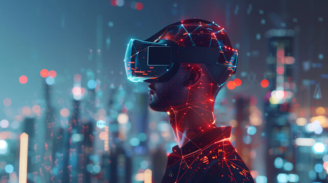 glow polygon of a man wearing virtual reality(VR) on cityscape background with copy space