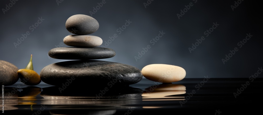 Aufkleber a serene spa composition with a stack of spa stones on a copy space image against a black background