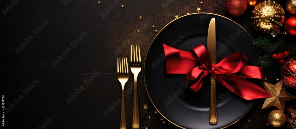 Poster A festive Christmas menu showcased with Xmas decorations set against dark plates and accompanied by a fork and knife set wrapped in a napkin Ample copy space is available in the image