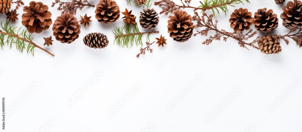 Aufkleber Top down flat lay winter composition featuring branches of fir trees pine cones cinnamon sticks and anise seeds on a white background There is ample copy space in the image
