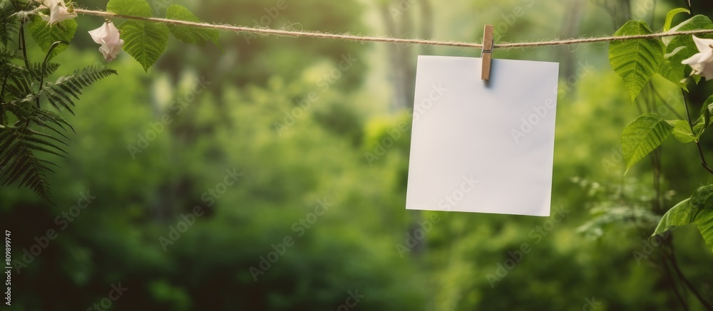 Aufkleber A tranquil paper sheet hangs from a thread adorned with a heart shaped clothespin against a backdrop of lush greenery A copy space image