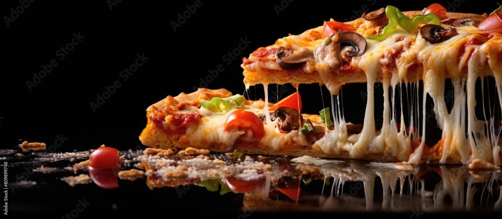 Poster a slice of scrumptious pizza with a variety of toppings. Creative banner. Copyspace image