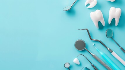 White healthy tooth with a selection of dental care tools on a dental hygiene background