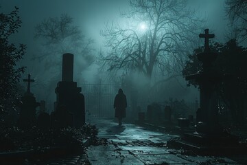 A chilling image capturing a shadowy figure wandering through a fog-enshrouded graveyard lined with tombstones and barren trees - Powered by Adobe