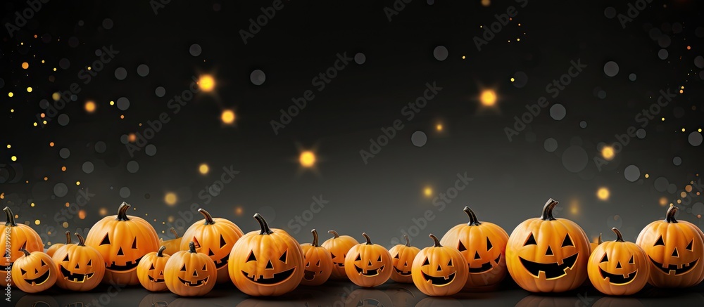 Poster colorful background with sparkly elements featuring small smile oranges a big smile pumpkin and blac