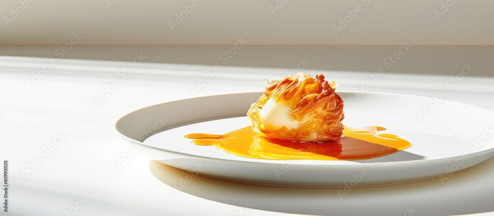 Fototapete a breakfast dish is presented on a white plate with soft shadows featuring a cooked chicken yolk in 