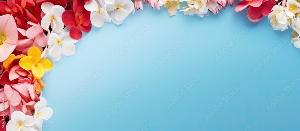 Poster A multi colored copy space image featuring a round frame of spring tulips in various vibrant shades of red pink white and yellow set against a blue background