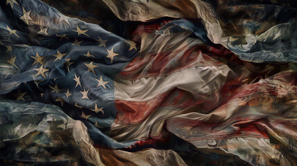 A tattered American flag in grunge style conveys a sense of patriotism and a vintage aesthetic.