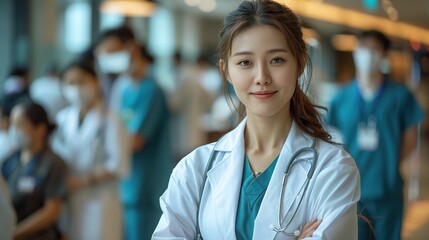 Young asia female doctor with a stethoscope, standing in a hospital corridor