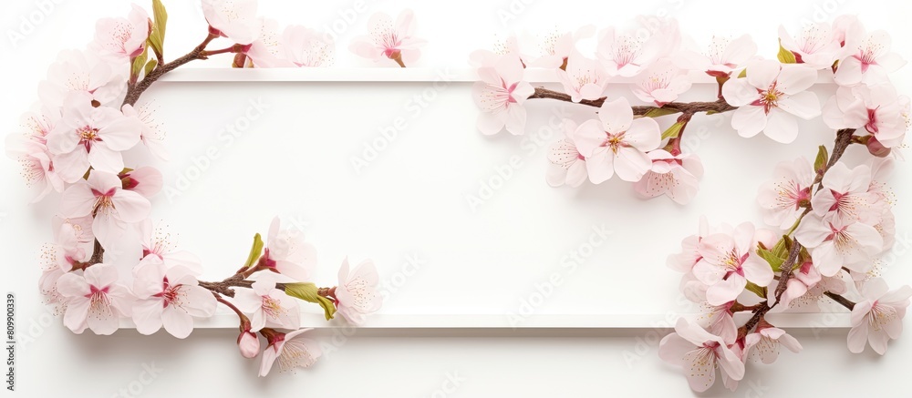 Poster A flat top view of a box isolated on a white background showcasing a beautiful frame consisting of pink and white almond blossoms with spring blooming branches The image offers ample copy space