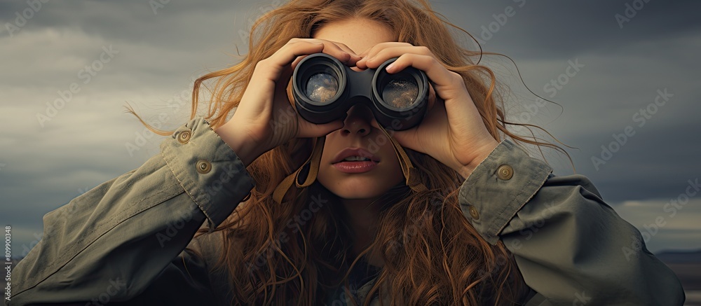 Sticker a girl searching with binoculars against a neutral background with ample copy space image