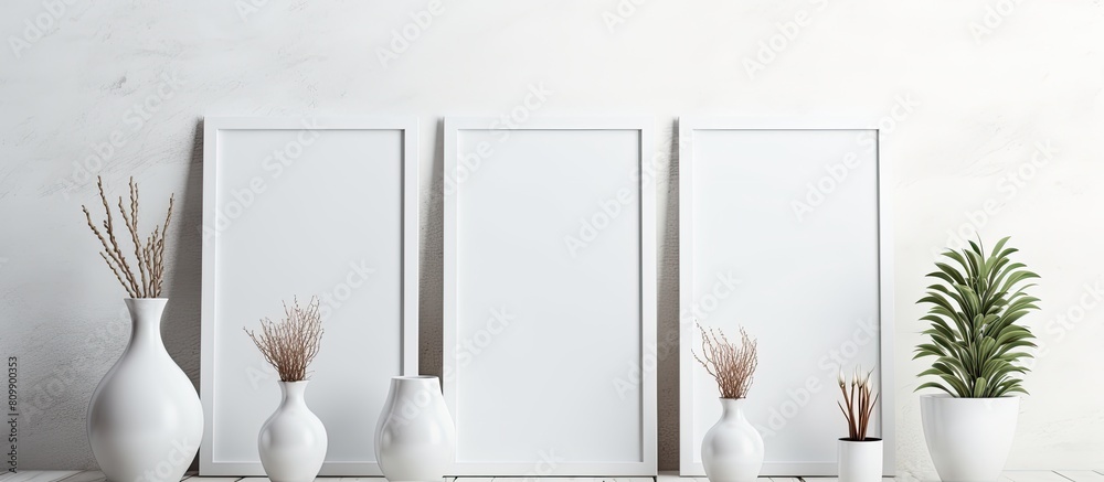 Aufkleber A mock up of a wooden white frame for text stands vertically against a gray background It features a decorative vase with plants reflecting a stylish design with ample space for text Copy space image