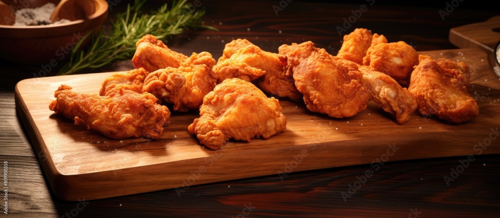 Poster ready to fry chicken thigh pieces arranged on a cutting board creating a copy space image