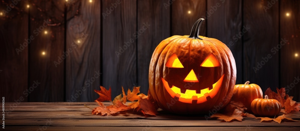 Poster A Halloween themed Jack o lantern illuminated on a wooden backdrop adorned with maple leaves creating a perfect copy space image