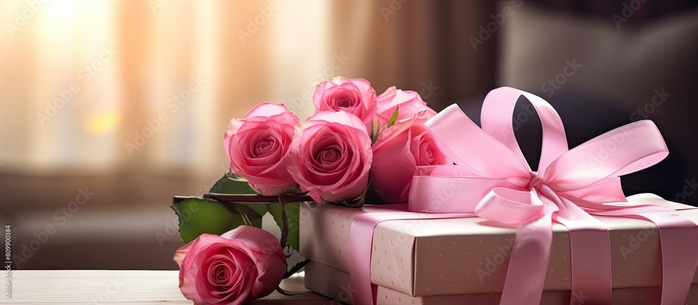 Poster a bouquet of pink roses along with wrapped gifts and books is arranged on a coffee table as valentin