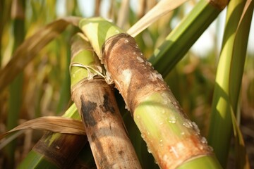 Fototapeta premium Sugarcane green plant field closeup photo. Agriculture fresh rural plantation harvest. Generate Ai
