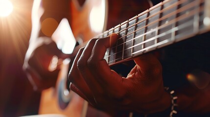 Fototapeta premium A close-up of a person playing an acoustic guitar. The focus is on the fingers strumming the strings. The background is blurry and out of focus.