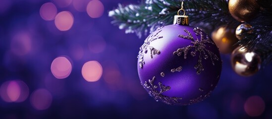 A captivating image of a Christmas tree adorned with stunning decorations including a striking purple ball Perfect for adding text or captions. Creative banner. Copyspace image