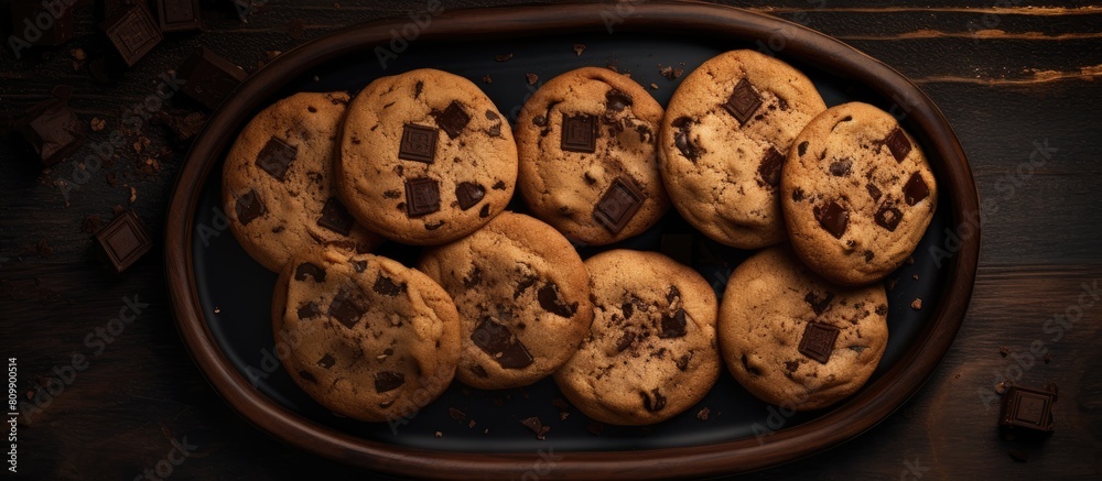 Fototapete A top down view of cookies with chocolate chunks and bitter cocoa on a dark background creating a framed image with empty space for text. Creative banner. Copyspace image