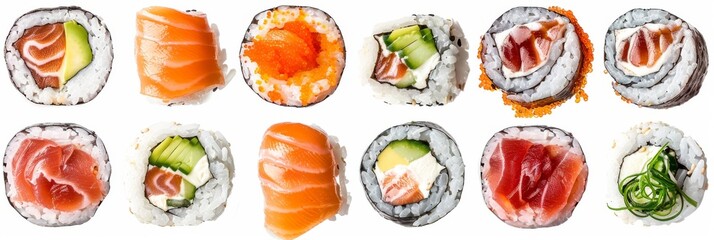 Various Maki Sushi Set Isolated on White Background Top View. Baked Norimaki Rolls