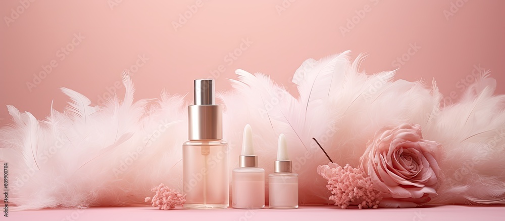 Aufkleber A collection of spa skincare serums is displayed on a pink pastel backdrop along with a cream jar and ostrich feathers The top view provides a branding mock up with ample space for adding text or ima
