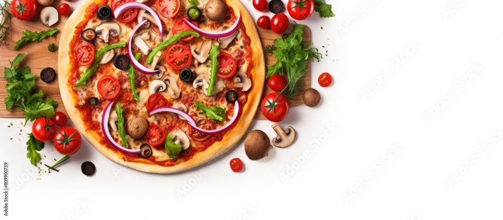 Aufkleber Top view of a mouthwatering pizza loaded with fresh vegetables resting on a wooden table against a pristine white backdrop with ample copy space for creative use in images