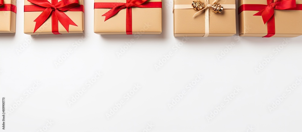 Fototapete a white background serves as a canvas for a top view of gift boxes wrapped in craft paper adorned wi