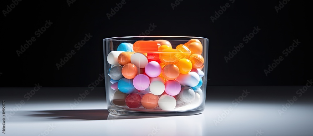 Poster a small cup filled with medicine capsules providing ample copy space for displaying the image