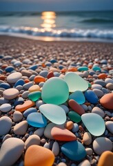 Obraz premium Colorful sea glass and pebbles on a beach at sunset, with the ocean and horizon in the background